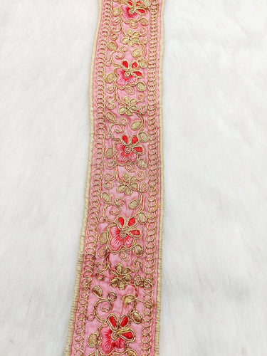Pink Art Silk Trim In Gold, Red and Pink Floral Embroidery, Embroidered Flowers Border